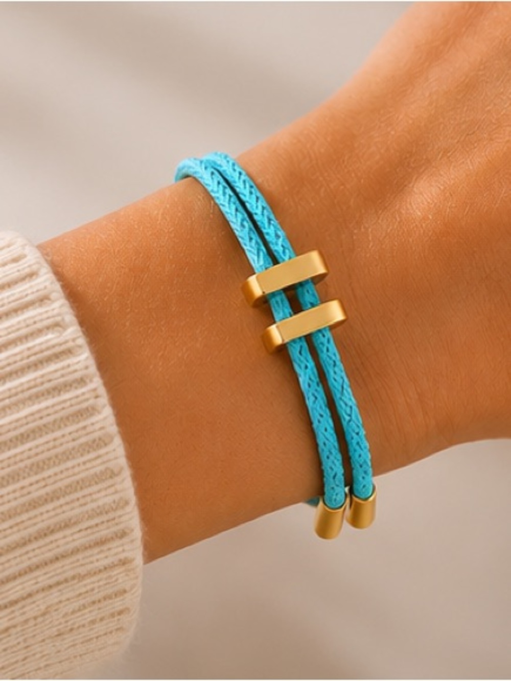 Luxe Turquoise Braided Cord Bracelet with Gold Double Bar Accent